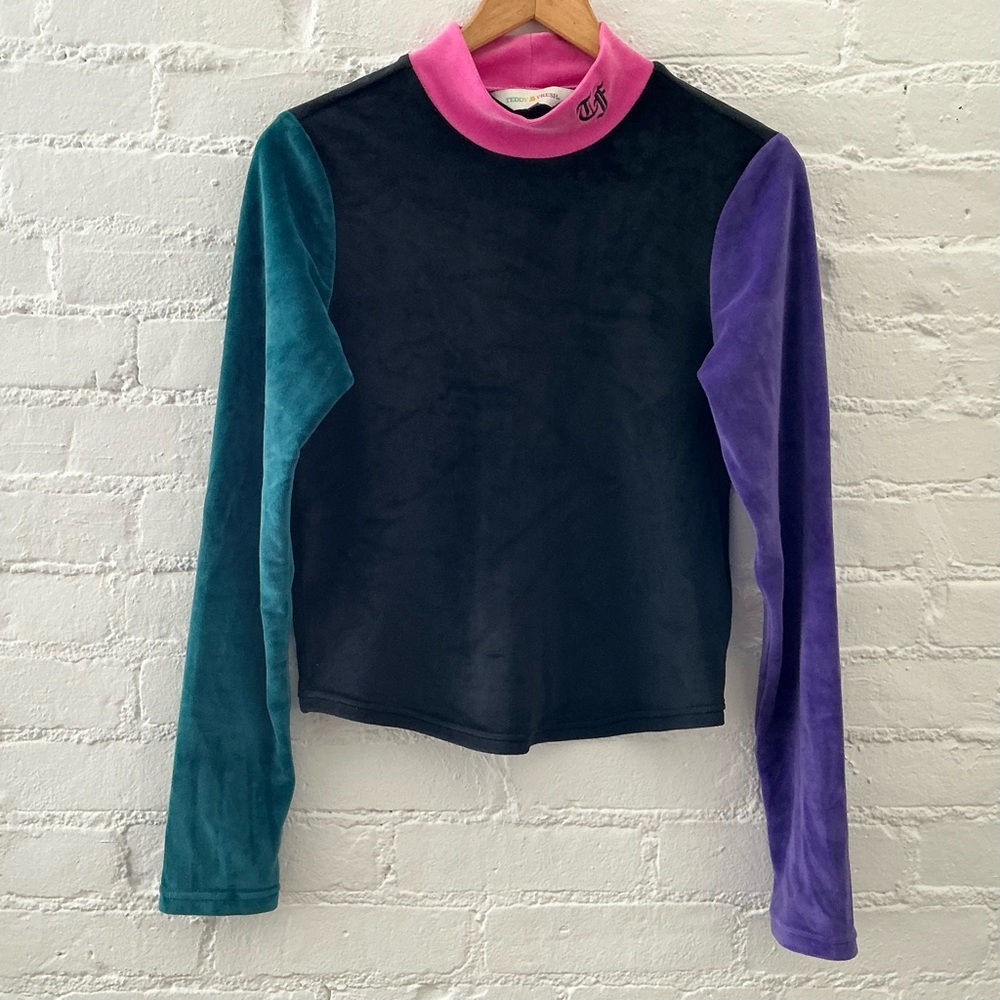 Teddy Fresh Velour Mock Neck Colorblock Top Long Sleeve Black Purple Pink M